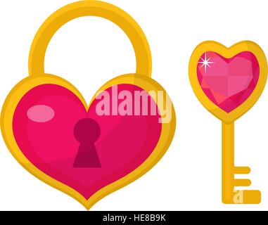 Heart lock and  key icon, flat design. Valentines Day, love, dating, wedding concept. Isolated on white background. Vector illustration, clip art. Stock Vector