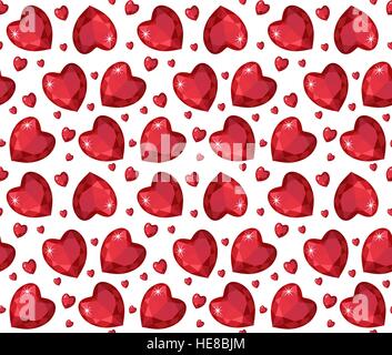 Jewelry ruby red heart seamless pattern. Brilliant, gems hearts endless background, texture, wallpaper. Valentines Day. Vector illustration. Stock Vector