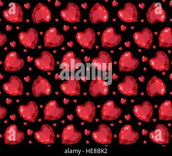Jewelry ruby red heart seamless pattern. Brilliant, gems hearts endless background, texture, wallpaper. Valentines Day. Vector illustration. Stock Vector