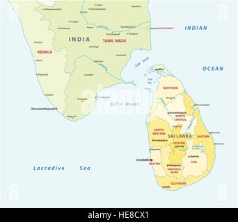 sri lanca and south india administrative map Stock Vector