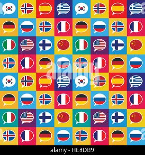 Colourful speech bubbles with different countries flags in flat design style, bright seamless pattern Stock Vector