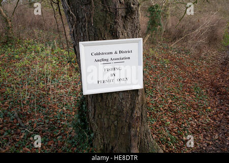 Coldstream and District Fishing by Permit Only sign near Milne Graden on the River Tweed in the Scottish Borders. Stock Photo