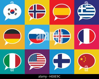 Set of colourful speech bubbles with different countries flags. Languages concept illustration. Stock Vector