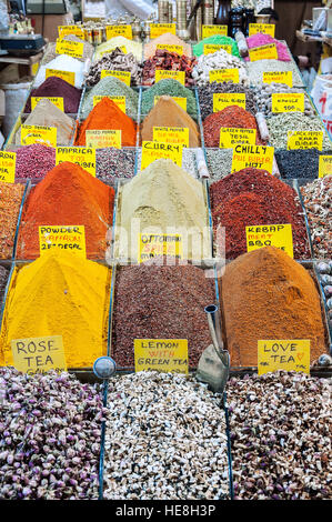 Market stall with spices in Grand Bazaar, Istanbul, Turkey. Stock Photo