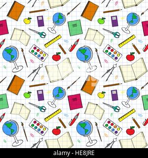 Seamless pattern with colorful school-related items. Sketch-like illustration of books, pens and other objects for studies. Stock Vector