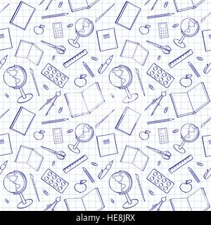 Seamless pattern with school-related items. Sketch-like illustration of books, pens and other objects for studies. Stock Vector