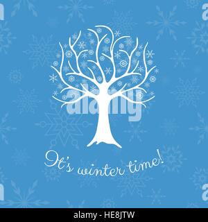 Elegant winter tree with snowflakes instead of leaves. Seasonal design template over a background with snowflakes. Stock Vector