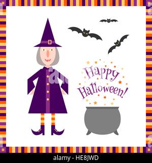 Funny little witch near a magic cauldron with a 'Happy Halloween!' greeting and flying bats over it. Stock Vector