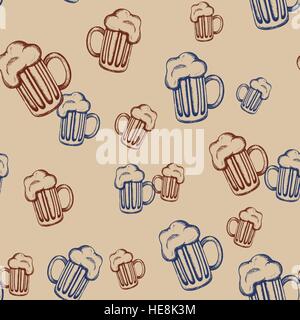 Vector seamless pattern with hand-drawn mugs of beer. Traditional Oktoberfest drink. Oktoberfest celebration design. Stock Vector