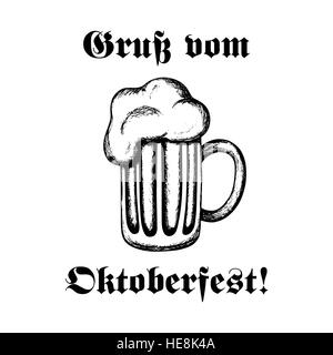 Hand-drawn vector illustration of a mug of beer. Oktoberfest celebration design. Text in German: 'Greetings from Oktoberfest!' Stock Vector