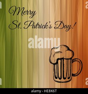 Hand-drawn vector illustration of a mug of beer on wooden background tinted with the colors of the national flag of Ireland. Stock Vector