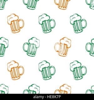 Seamless pattern with hand-drawn mugs of beer in the colors of the flag of Ireland. St. Patrick's Day celebration design. Stock Vector
