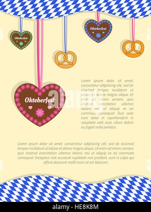 Oktoberfest background with hanging gingerbread cookie hearts, pretzels and Bavarian flag. Stock Vector
