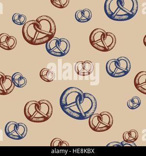 Vector seamless pattern with hand-drawn brown and blue pretzels. Traditional Oktoberfest snack. Oktoberfest celebration design. Stock Vector