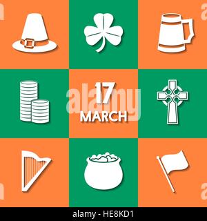 Set of icons, related to St. Patrick's Day. Modern flat design, background in the colors of the national flag of Ireland. Stock Vector