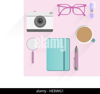 Office desk table with photo camera, glasses, flash drive, pen, notebooks, magnifying glass, and coffee cup flat design. Top view pink background. Eps Stock Vector