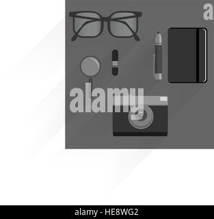 Top view of office desk table with glasses, pen, flash drive, camera, magnifying glass, notebook with flat shadows. Eps10 vector template. Stock Vector