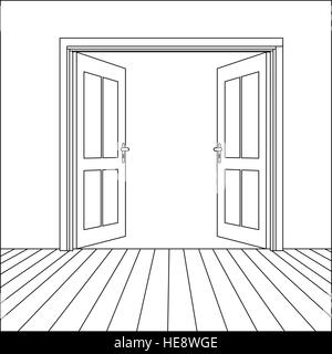Vector Opened Line Doors Outside In Room with Floor Stock Vector