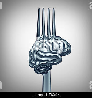 Brain food symbol as a metal fork shaped as a human thinking organ to boost brainpower with nutrition concept for mind health or making wise intellige Stock Photo