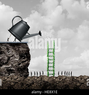 Growth and success strategy as a team of business people using a giant watering can to hydrate and nurture a ladder tree to help reach opportunity as Stock Photo