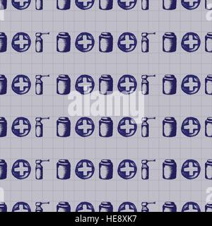 Healthcare and medicine. Vector doodle seamless pattern with pills and crosses. Medical hand drawn icons on checkered background. Stock Vector