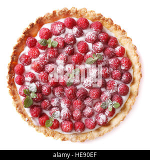 Tart with fresh raspberries and mint close-up isolated on white background Stock Photo
