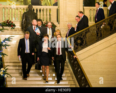 Leader of the Democratic Unionist Party and First Minister Arlene Foster with party colleagues arriving into the Great Hall at Parliament Buildings in Stormont, Belfast, as she faced a vote of no confidence in her leadership at the devolved Assembly as the fall out from a botched green energy scheme intensifies. Stock Photo