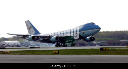 TOLEDO, Ohio -- Air Force One lands here on May 4. The mission of the VC-25 aircraft -- Air Force One -- is to provide air transport for the president of the United States. The presidential air transport fleet consists of two specially configured Boeing 747-200B's -- tail numbers 28000 and 29000 -- with the Air Force designation VC-25. When the president is aboard either aircraft, or any Air Force aircraft, the radio call sign is 'Air Force One.'  Senior Airman Elizabeth Slater) Stock Photo