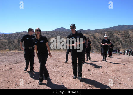 Students from the Executive Leadership Development Program (ELDP) arrive at an entry identification team (EIT) site for training with Guardsmen April 12. The students spent the day immersing with Arizona Guardsmen and Customs and Border Protection, receiving training on joint efforts to secure the border. Stock Photo