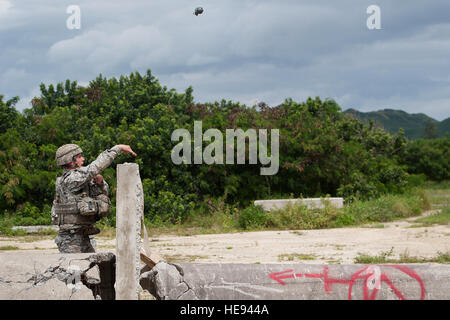 U.S. Army Private First Class Cruser Barnes, 29th Infantry Brigade Combat Team cavalry scout, throws a simulated grenade during a Best Warrior Competition event March 1, 2014, at Marine Corps Training Area Bellows, Hawaii. Soldiers were required to utilize cover and concealment when reacting to simulated fire prior to reaching the end of the course where they were tasked to employ a simulated hand grenade.  Staff Sgt. Christopher Hubenthal) Stock Photo