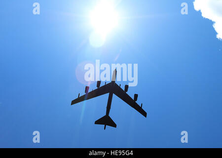 A U.S. Air Force Boeing B-52 Stratofortress flies overhead of a combined arms live fire demonstration for distinguished visitors during Saber Strike 16, June 13, at Adazi Military Base, Latvia. Saber Strike is a cooperative training exercise led by U.S. Army Europe spanning from May 27 through June 22 in locations throughout Estonia, Latvia and Lithuania, featuring 13 participating nations. Participating forces in Latvia include service members from F Troop, 2nd Squadron and B Battery, Field Artillery Squadron, 2nd Cavalry Regiment, the U.S. Marine Corps, U.S. Air Force, the United Kingdom’s c Stock Photo