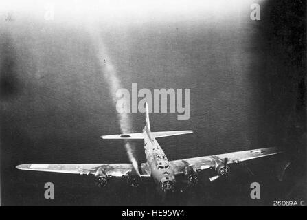 Boeing B-17F of the 95th Bomb Group with damage to the No. 3 engine. (U.S. Air Force photo) Stock Photo