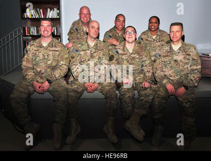 (From top left) U.S. Air Force Chief Master Sgt. Jeffrey Brown, 455th Air Expeditionary Wing command chief, U.S. Air Force Staff Sgt. Charles Ming, 455th Expeditionary Aircraft Maintenance Squadron, U.S. Air Force Tech. Sgt. Katrina Jenkins, 455th Expeditionary Medical Group outpatient clinic noncommissioned officer in charge, U.S. Air Force Master Sgt. Daniel Murphy, 2405 Expeditionary Detachment, Air Force Office of Special Investigation Tactical Security Element squad leader, U.S. Air Force Tech. Sgt. Aleric Hebert, 455th Air Expeditionary Wing chaplain assistant, U.S. Air Force Senior Airm Stock Photo