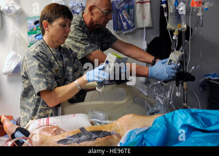 U.S. Air Force Maj. Cheryl Lockhart (front) and Lt. Col. Chad Faulds, 455th Expeditionary Medical Group/Task Force Medical East, prepares medical equipment for a patient after surgery at the Craig Joint Theater Hospital, Bagram Airfield, Afghanistan, May 5. Lockhart is deployed from Travis Air Force Base, Calif., and is from Buffalo, N.Y. Colonel Faulds in deployed from the Wisconsin Air National Guard, and is from Racine, Wis. Stock Photo