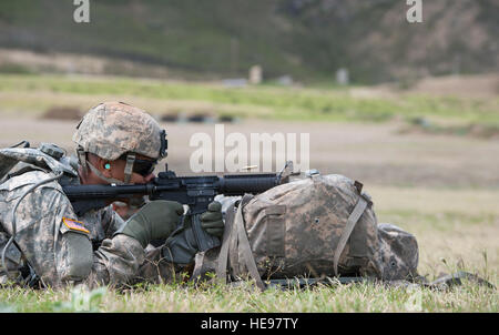 U.S. Army Spc. Toeseinuupotopoto Ume, 100th Infantry Battalion, U.S. Army Reserve (USAR), shoots down range during weapons qualification as part of the 2015 Hawaii Army National Guard and Reserve Best Warrior Competition March 6, 2015, at Marine Corps Base Hawaii. Competitors included eight Soldiers from the U.S. Army National Guard and thirteen USAR Soldiers assigned to units throughout the Pacific Region.  Staff Sgt. Christopher Hubenthal) Stock Photo