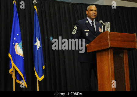 Chief Master Sgt. Jack Johnson Jr., U.S. Africa Command command senior enlisted leader, speaks to the audience at the Black History Month luncheon at Ramstein Air Base, Germany, Feb. 19, 2013. The luncheon honored Black History Month and historical figures in history who contributed to equal rights for African-Americans. Airman 1st Class Holly Cook) Stock Photo