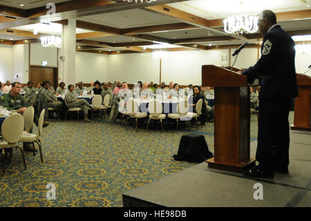 Chief Master Sgt. Jack Johnson Jr., U.S. Africa Command command senior enlisted leader, speaks to the audience at the Black History Month luncheon at Ramstein Air Base, Germany, Feb. 19, 2013. The luncheon honored Black History Month and historical figures in history who contributed to equal rights for African-Americans. Airman 1st Class Holly Cook) Stock Photo