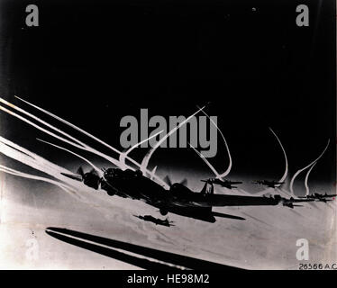 Three-quarter left front view from below of a formation of Boeing B-17F Flying Fortresses of the Eighth Air Force, 390th Bomb Group (309BG), in flight somewhere over Europe; contrails (vapor trails) made by their escort fighters curve through the sky above the formation.  Wing of photographer's B-17 visible in foreground.  Circa December 1943. Stock Photo