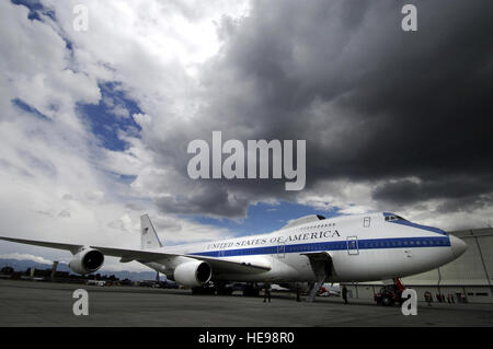 An Air Force E-4B National Airborne Operations Center aircraft sits at the international airport in Bogota,Colombia Oct. 3, waiting for Secretary of Defense Robert M. Gates.  U.S. Air Force photo/Tech. Sgt. Jerry Morrison) Stock Photo