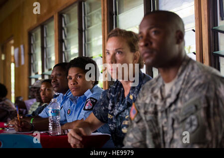 ARAWA, Autonomous Region of Bougainville, Papua New Guinea (July 2, 2015) Leaders from Bougainville, the Royal Papua New Guinea Constabulary, and Pacific Partnership 2015 conduct a family violence prevention workshop at the Tuniva Learning Center. Leaders from Bougainville and the hospital ship USNS Mercy (T-AH 19) conducted the workshop as part of the National Action Plan on Women, Peace and Security. Mercy is currently in Papua New Guinea for its second mission port of PP15. Pacific Partnership is in its 10th iteration and is the largest annual multilateral humanitarian assistance and disast Stock Photo