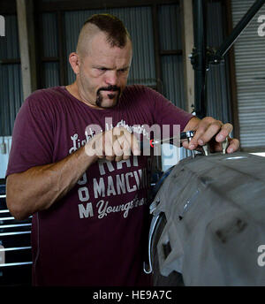 Chuck “The Iceman” Liddell, retired American mixed martial artist, tightens a bolt on a guided bomb unit-31 on Osan Air Base, South Korea, Aug. 5, 2015. Liddell visited various units across the base during a morale trip. Liddell is a former Ultimate Fighting Championship Light Heavyweight Champion. He has an extensive striking background in Kempo, Koei-Kan karate, and kickboxing, as well as a grappling background in collegiate wrestling and Brazilian Jiu-Jitsu. Senior Airman Kristin High) Stock Photo