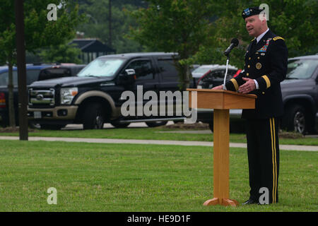 U.S. Army Gen. David Perkins, U.S. Army Training and Doctrine Command commander, speaks during a change of command ceremony at Fort Eustis, Va., July 2, 2015. Perkins, the ceremony’s host, spoke about the position of the Center for Initial Military Training commander and its importance to every Soldier.  Senior Airman Kimberly Nagle Stock Photo