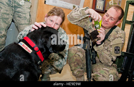 Maj. Danielle Folsom (left), 73rd Expeditionary Air Control Squadron commander, pets Sgt. 1st Class Zeke, a combat stress dog from Kandahar Airfield's Role 2, Dec. 1, 2011. As a combat stress dog, Zeke, and his handler, Army Sgt. Paul McCollough (right), visit patients at Role 3 and requesting units around KAF to increase morale and welfare. Stock Photo