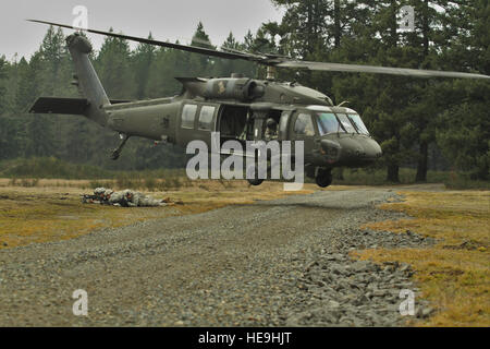 U.S. Army Soldiers assigned to 16th Combat Aviation Brigade maintain a defensive position while a UH-60 Black Hawk helicopter departs during air assault training at Joint Base Lewis-McChord, Wash., Feb. 10, 2016. The training allowed the Soldiers to sling load communications equipment and learn how to air assault into an area in preparation for future missions. Stock Photo