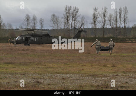 U.S. Army Soldiers assigned to 46th Aviation Support Battalion carry equipment toward a waiting UH-60M Black Hawk helicopter assigned to 2-158th Assault Helicopter Battalion during downed aircraft recovery team training at Joint Base Lewis-McChord, Wash., March 10. The DART training prepared 46th ASB Soldiers to provide recovery of aircraft in any environment. Stock Photo