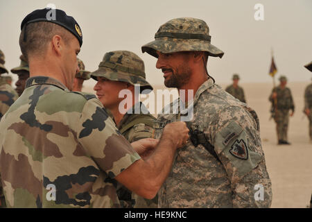 French Lt, Col. Olivier Juillet, Commander, 5th French Marine Regiment, pins an award on U.S. Army Sgt. Matthew Belver, 3rd Squadron, 124th Cavalry Regiment, at desert survival course graduation, June 7, 2012, in the Grand Bara Desert, Djibouti. The ten day course taught by French Marines, was attended by U.S. Airmen, Soldiers, Sailors and Marines where they learned desert survival and combat tactics.  Tech. Sgt. Donald R. Allen Stock Photo