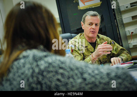 British army Gen. Sir Richard Shirreff, deputy supreme allied commander Europe select, talks to ISAF Joint Command leadership during a briefing at Kabul International Airport, Afghanistan, Jan. 14. Shirreff visited all of the Regional Commands during his first tour of Afghanistan since being selected as the DSACEUR. Stock Photo