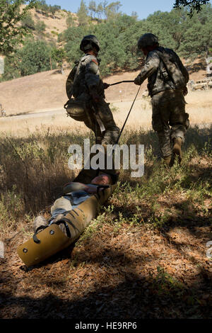 U.S. Army Soldiers assigned to various nation-wide Combat Support Hospital (CASH) units, stage mass casualty scenarios on Forward Operating Base - Warthog, thus allowing Army Reserve medical personnel to practice real-world combat life support techniques during Exercise GLOBAL MEDIC 2012, Ft. Hunter Liggett, Calif.,  June 19, 2012.  Exercise GLOBAL MEDIC is an annual joint field training exercise for theater aeromedical evacuation systems and ground medical components designed to replicate all aspects of combat medical service support.  Master Sgt. Michele A. Desrochers Stock Photo