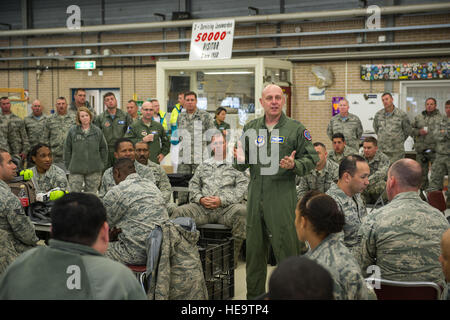 Maj. Gen. Eric Vollmecke speaks to Airmen about their role in the current theater security package of F-15C Eagles at Leeuwarden Air Base, Netherlands, April 3, 2015. The F-15s from the Florida and Oregon Air National Guard are deployed to Europe as the first ever ANG TSP here. These F-15s will conduct training alongside our NATO allies to strengthen interoperability and to demonstrate U.S. commitment to the security and stability of Europe. Vollmecke is the ANG mobilization assistant to the commander, U.S. Air Forces in Europe and Air Forces Africa.  Staff Sgt. Ryan Crane) Stock Photo