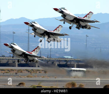 F-15 Fighting Falcons assigned to the U.S. Air Force Air Demonstration Squadron, The Thunderbirds, take off to perform during Aviation Nation at Nellis Air Force Base, Nev., Nov. 8, 2008. The Nellis AFB and Aviation Nation air show, is the showcase of the Air Forces airpower capabilities in the 21st century in Air, Space and Cyberspace. It is the largest aviation event in Las Vegas. The show was held Nov. 8-9. (U.S. Air Force Photo/Senior Airman Larry E. Reid Jr., Released) Stock Photo